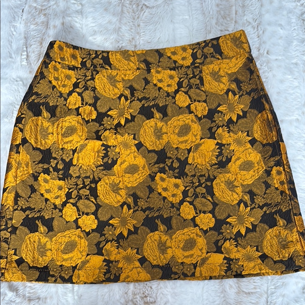 Black and Mustard Floral Jacquard A-Line Mini Skirt
